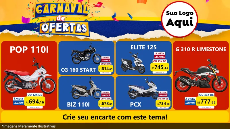 Modelo de TV para TV Horizontal com o tema Carnaval de Ofertas para Concessionaria de Motos
