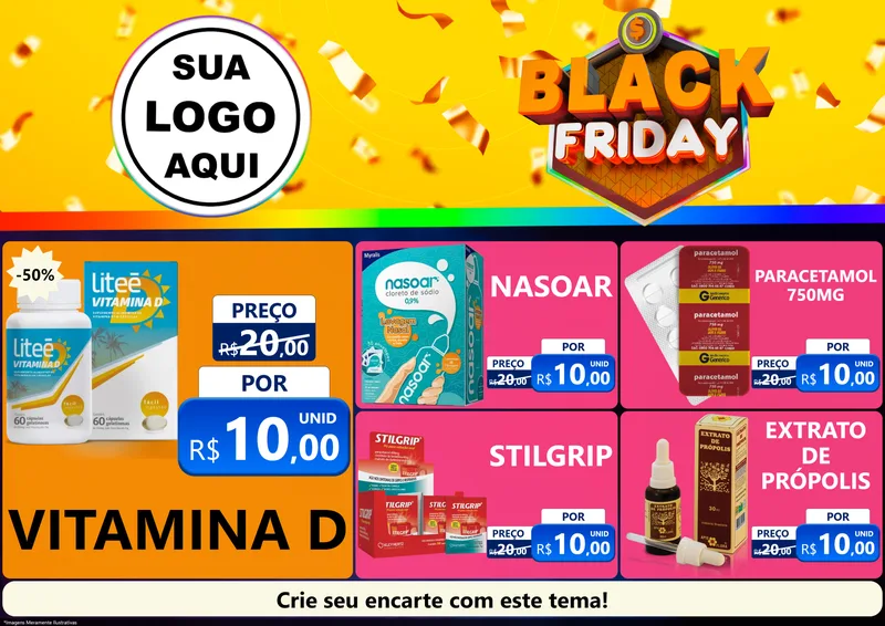 Modelo de Encarte para Encarte A4 Horizontal com o tema Black Friday para Farmácia
