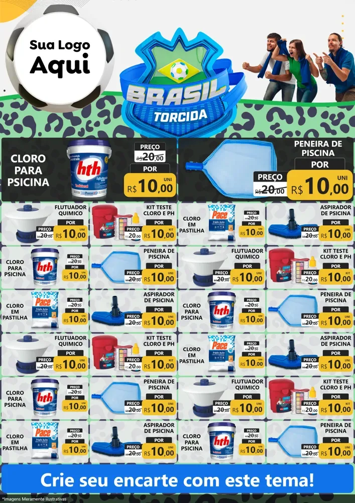 Modelo de Encarte para Encarte A4 Vertical com o tema Brasil Torcida - Copa para Produtos para Piscina