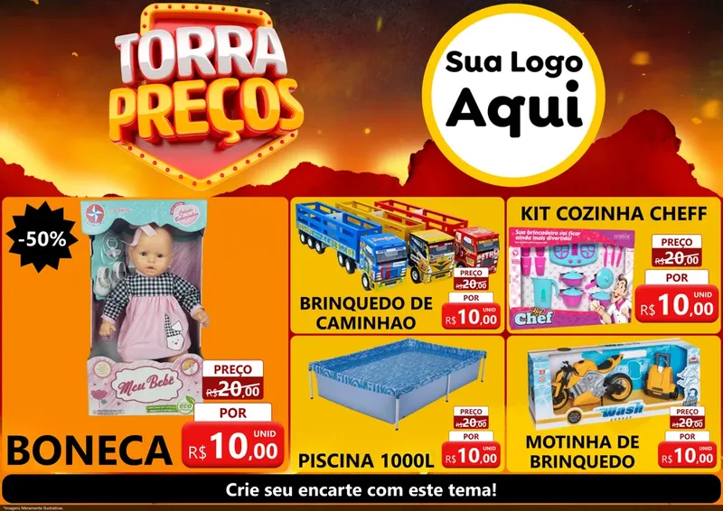 Modelo de Encarte para Encarte A4 Horizontal com o tema Torra Preços para Brinquedos