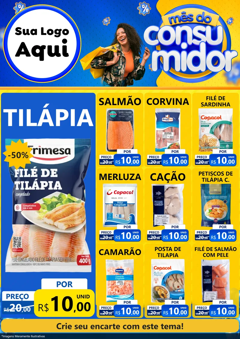 Modelo de Encarte para Encarte A4 Vertical com o tema Mês do Consumidor para Peixaria