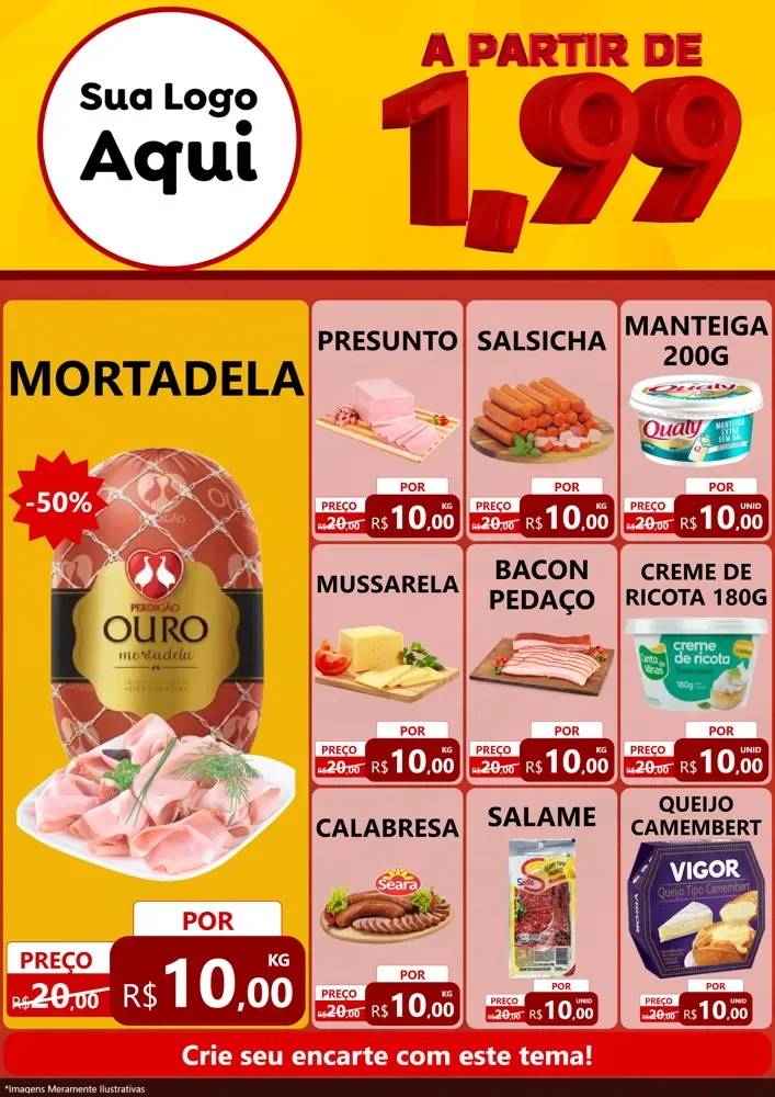 Modelo de Encarte para Encarte A4 Vertical com o tema A Partir de Um e Noventa e Nove - 1,99 para Frios e Laticínios