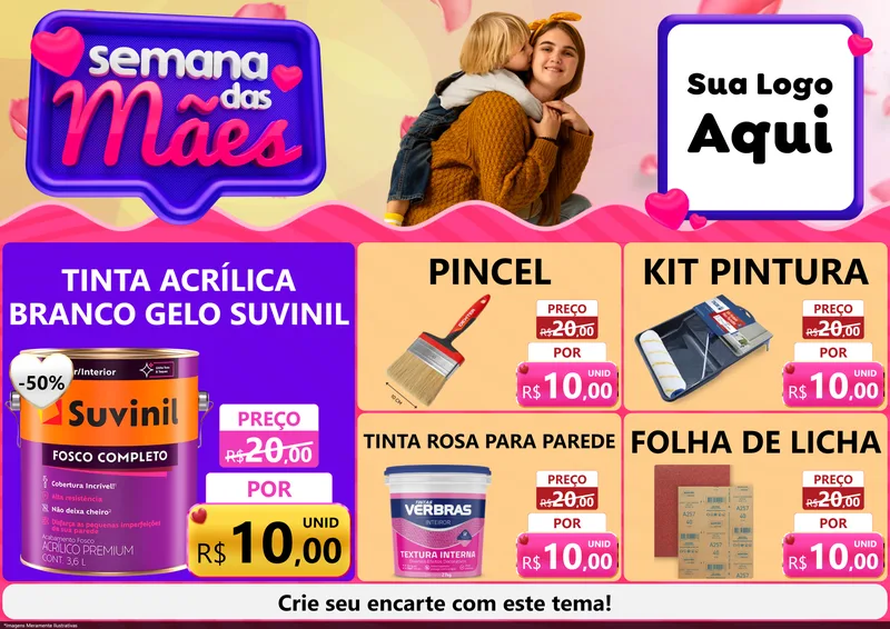 Modelo de Encarte para Encarte A4 Horizontal com o tema Semana das Mães para Tintas e Ferramentas