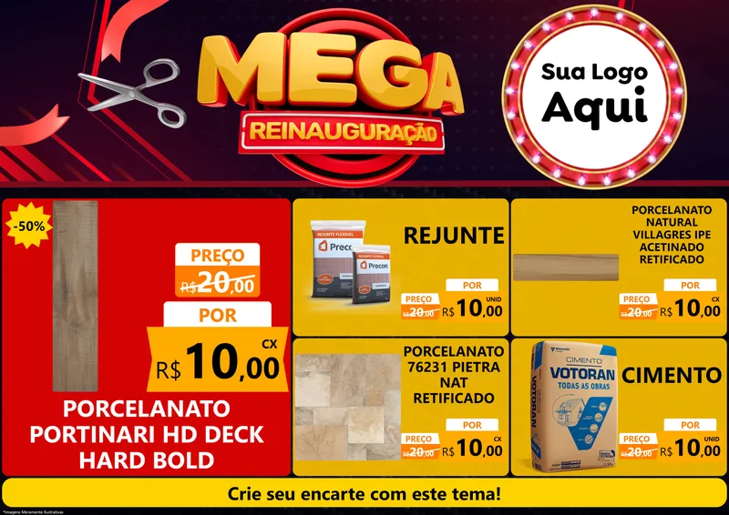 Modelo de Encarte para Encarte A4 Horizontal com o tema Mega Reinauguração para Pisos e revestimentos