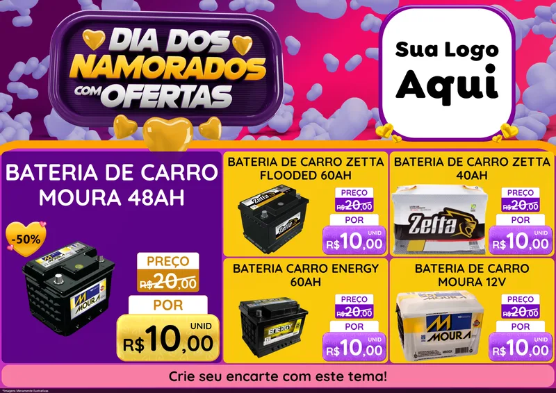 Modelo de Encarte para Encarte A4 Horizontal com o tema Dia Dos Namorados Com Ofertas para Baterias Elétricas