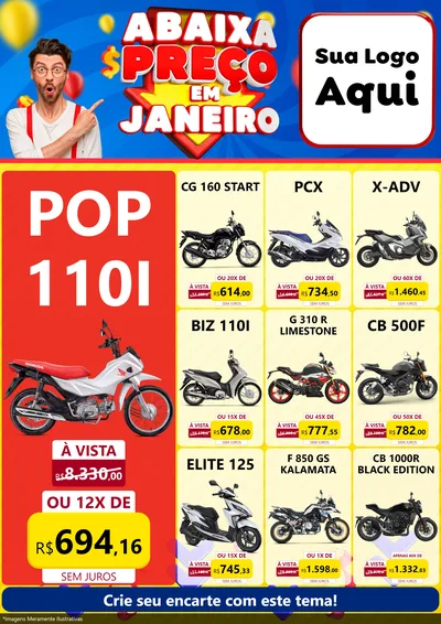 Modelo de Encarte para Encarte A4 Vertical com o tema Abaixa Preço em Janeiro para Concessionaria de Motos