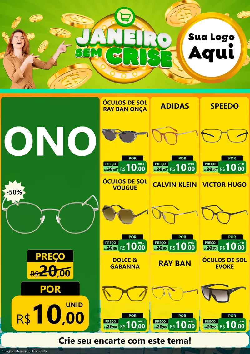 Modelo de Encarte para Encarte A4 Vertical com o tema Janeiro Sem Crise para Óticas
