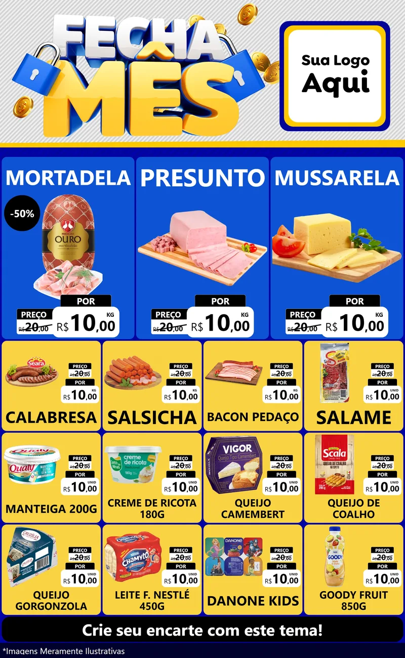Modelo de Encarte para Encarte Grande com o tema Fecha Mês para Frios e Laticínios
