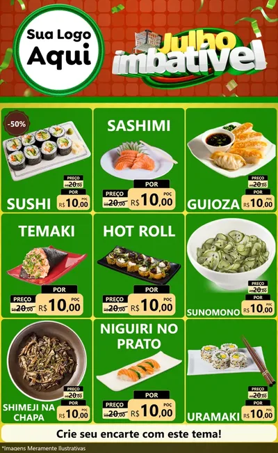 Modelo de Encarte para Encarte Grande com o tema Julho Imbatível para Comida japonesa