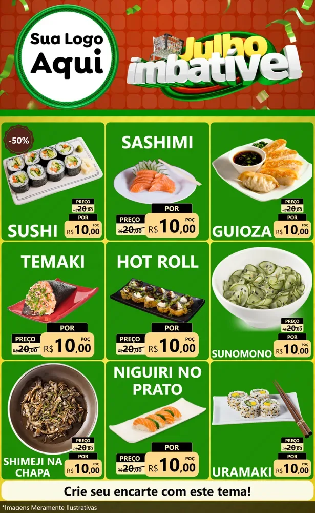 Modelo de Encarte para Encarte Grande com o tema Julho Imbatível para Comida japonesa