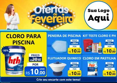 Modelo de Encarte para Encarte A4 Horizontal com o tema Ofertas de Fevereiro para Produtos para Piscina