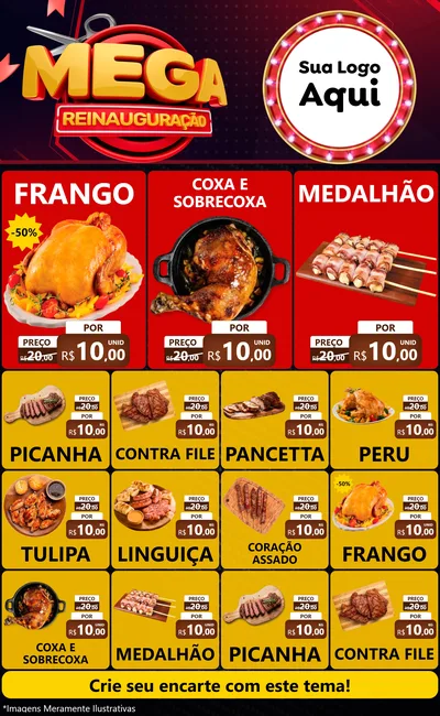Modelo de Encarte para Encarte Grande com o tema Mega Reinauguração para Assados