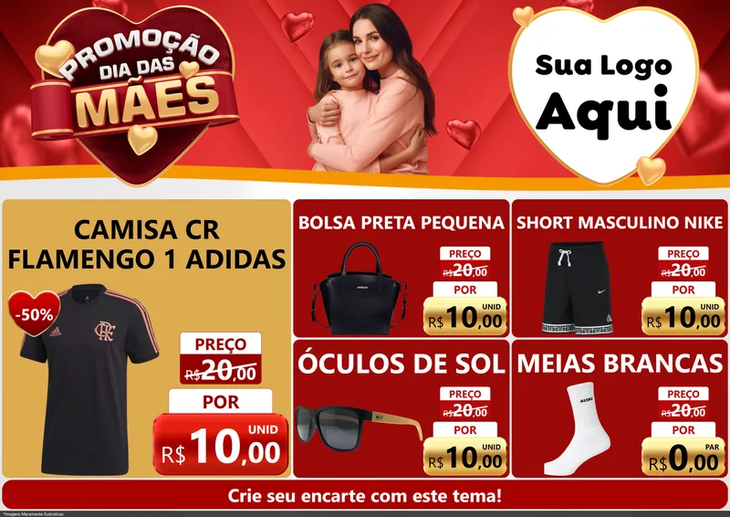 Modelo de Encarte para Encarte A4 Horizontal com o tema Promoção Dia das Mães para Roupas e acessórios