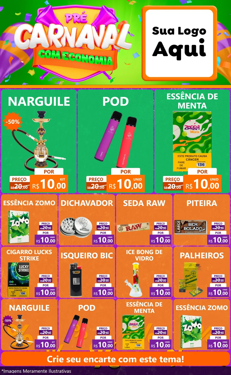Modelo de Encarte para Encarte Grande com o tema Pré-Carnaval Com Economia para Tabacaria