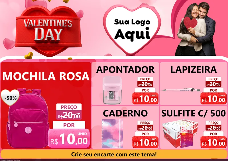 Modelo de Encarte para Encarte A4 Horizontal com o tema Valentine's Day para Papelaria