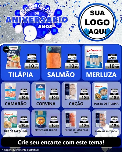 Modelo de Rede Social para Feed Instagram com o tema Promoção de Aniversário - 9 Anos para Peixaria