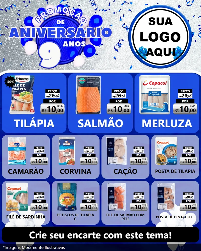 Modelo de Rede Social para Feed Instagram com o tema Promoção de Aniversário - 9 Anos para Peixaria