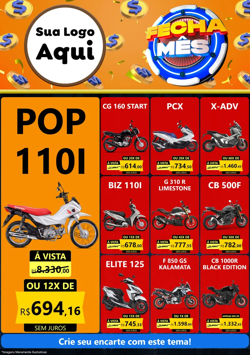 Modelo de Encarte para Encarte A4 Vertical com o tema Fecha Mês para Concessionaria de Motos