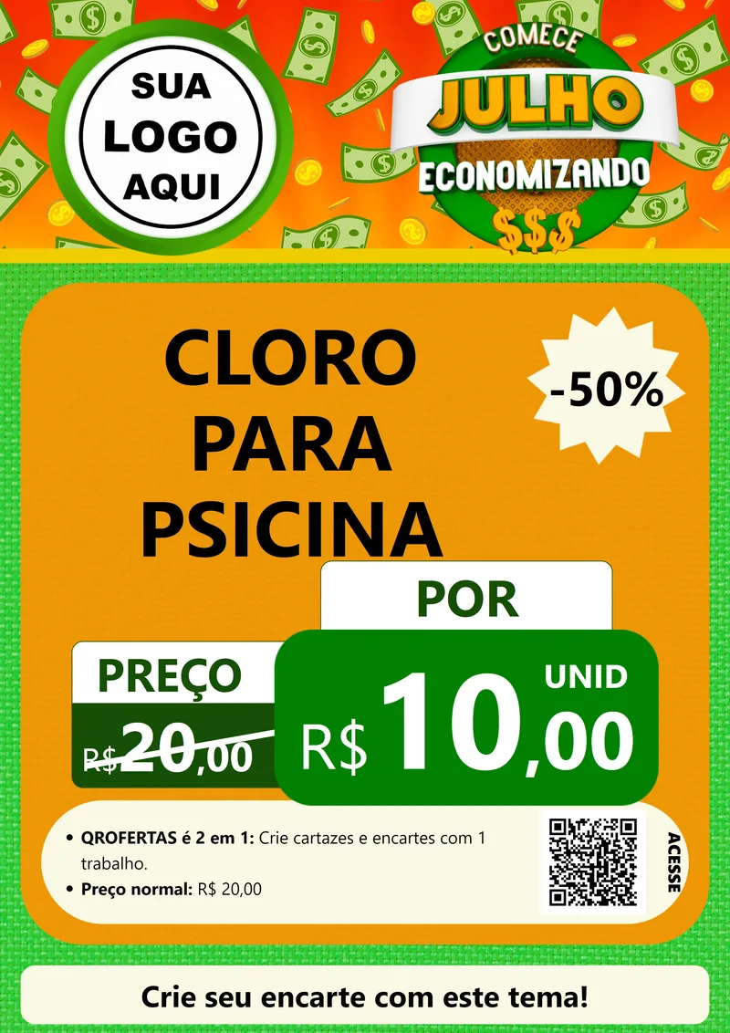 Modelo de Cartaz para Cartaz A4 Vertical com o tema Comece Julho Economizando para Produtos para Piscina