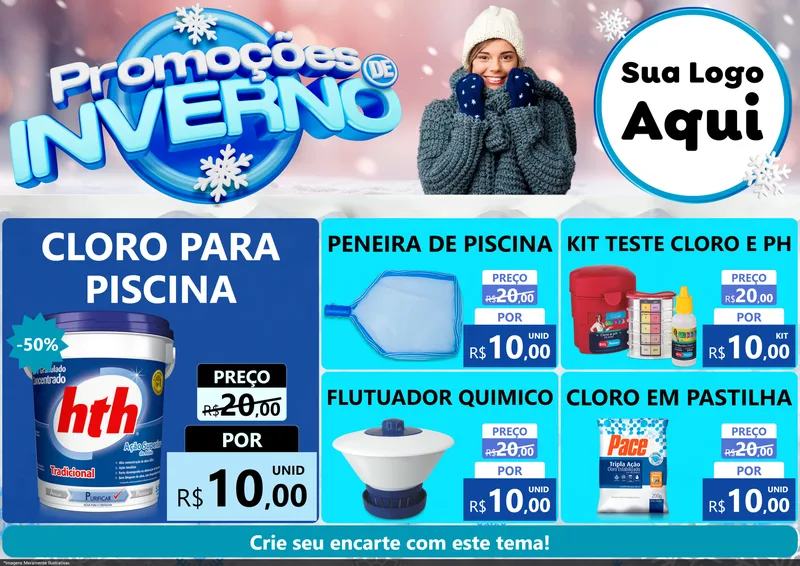 Modelo de Encarte para Encarte A4 Horizontal com o tema Promoções de Inverno para Produtos para Piscina