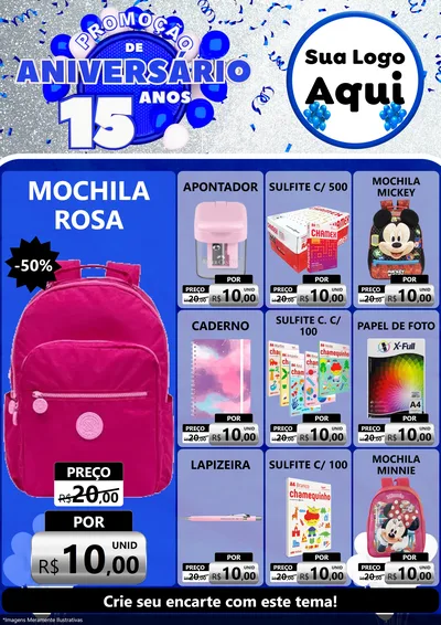 Modelo de Encarte para Encarte A4 Vertical com o tema Promoção de Aniversário - 15 Anos para Papelaria