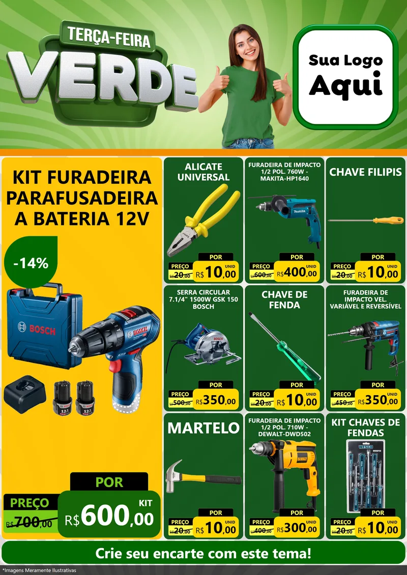 Modelo de Encarte para Encarte A4 Vertical com o tema Terça - Feira Verde para Maquinas e Ferramentas