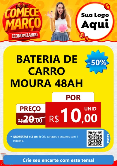 Modelo de Cartaz para Cartaz A4 Vertical com o tema Comece Março Economizando para Baterias Elétricas