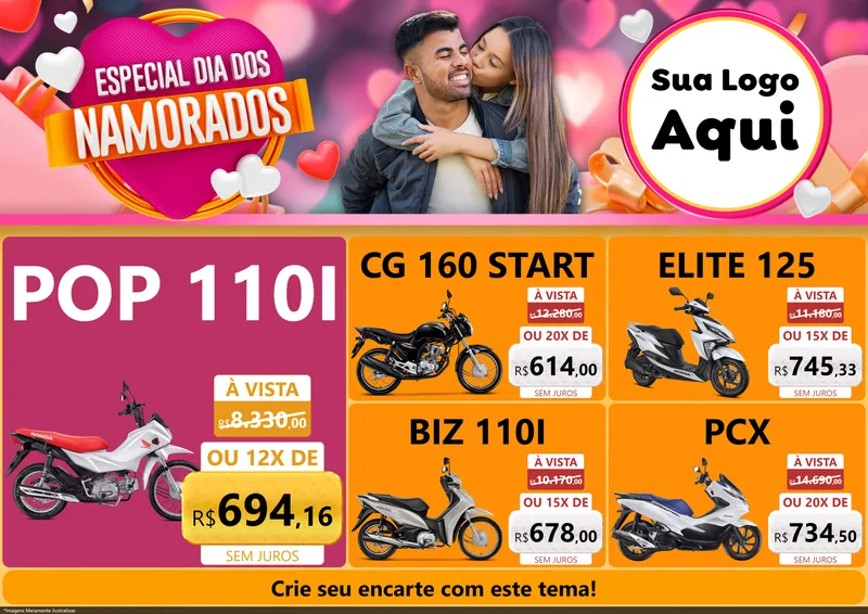 Modelo de Encarte para Encarte A4 Horizontal com o tema Especial Dia dos Namorados para Concessionaria de Motos