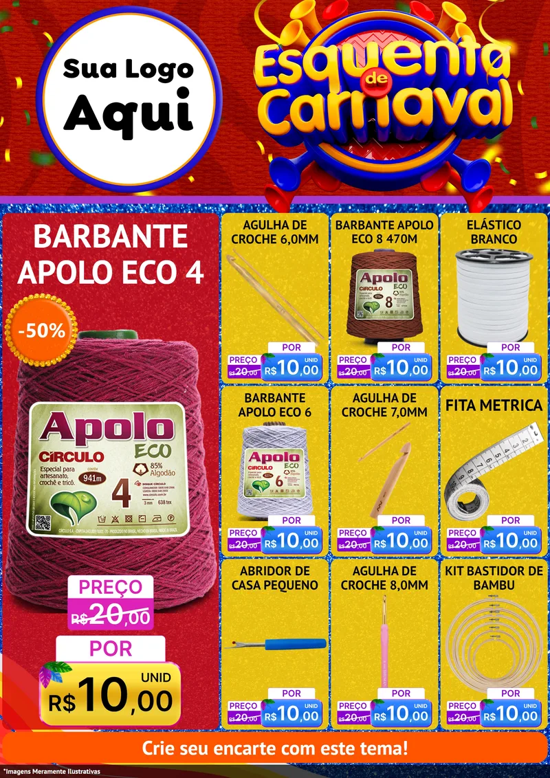 Modelo de Encarte para Encarte A4 Vertical com o tema Esquenta de Carnaval para Armarinho e Aviamentos