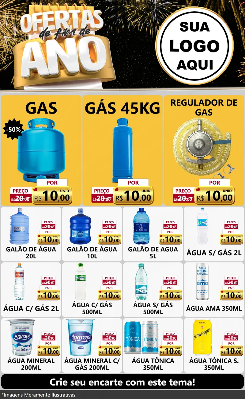 Modelo de Encarte para Encarte Grande com o tema Ofertas de Fim de Ano para Água e gás