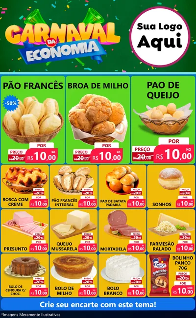 Modelo de Encarte para Encarte Grande com o tema Carnaval da Economia para Padaria