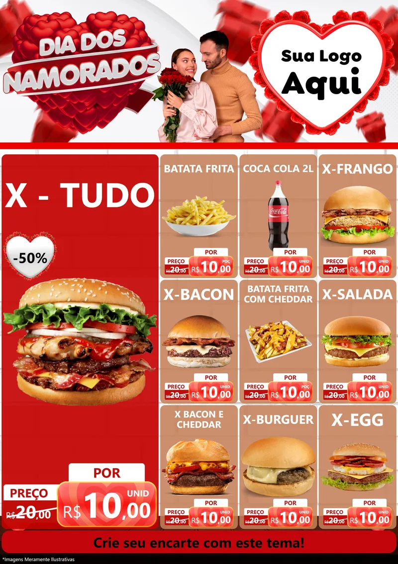 Modelo de Encarte para Encarte A4 Vertical com o tema Dia dos Namorados para Hamburgueria