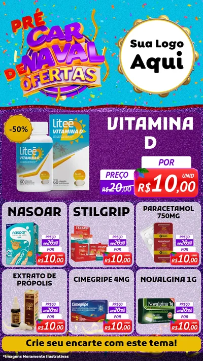 Modelo de Rede Social para Stories com o tema Pré Carnaval de Ofertas para Farmácia