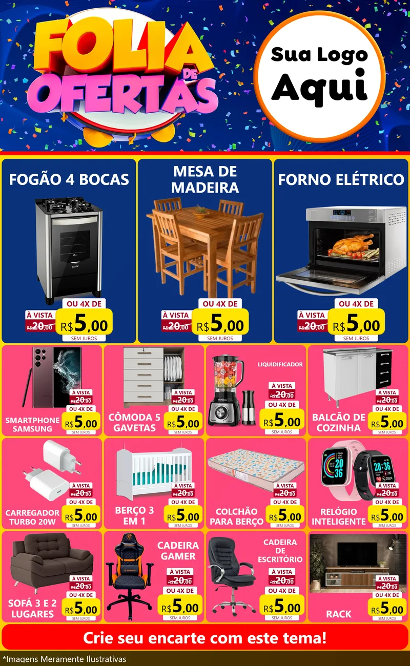 Modelo de Encarte para Encarte Grande com o tema Folia de Ofertas para Móveis e Eletro