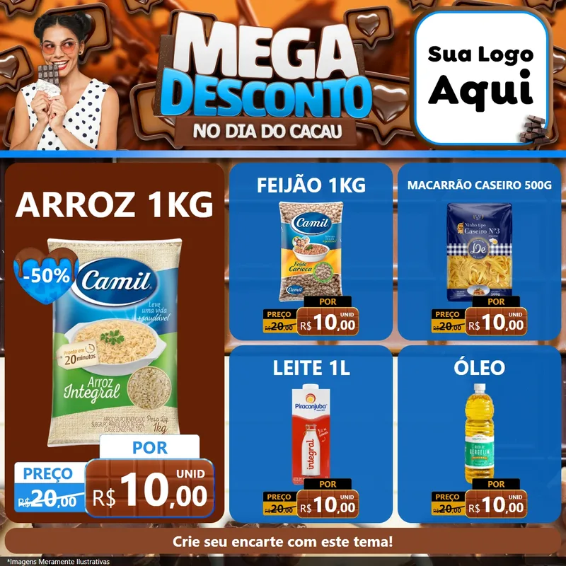 Modelo de Rede Social para Feed Facebook com o tema Mega Desconto no Dia do Cacau para Supermercado
