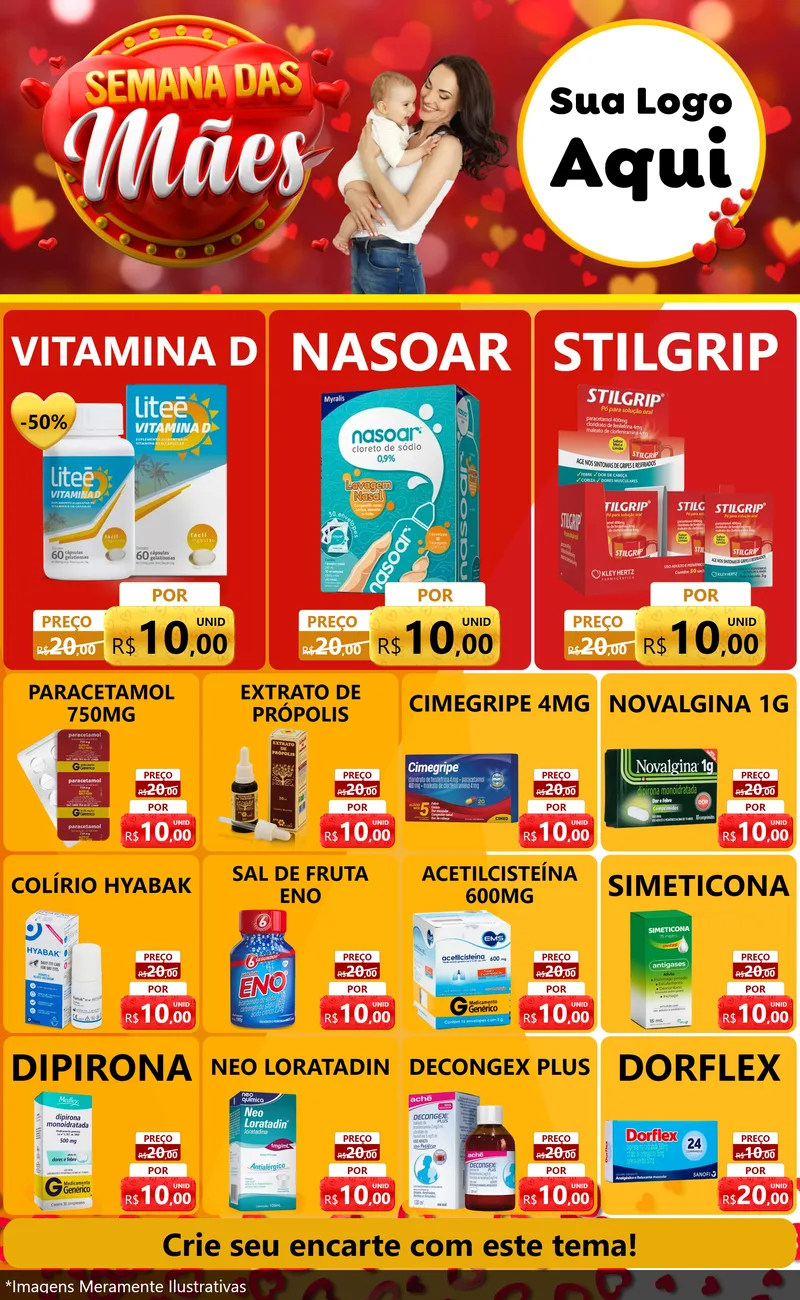 Modelo de Encarte para Encarte Grande com o tema Semana das Mães para Farmácia