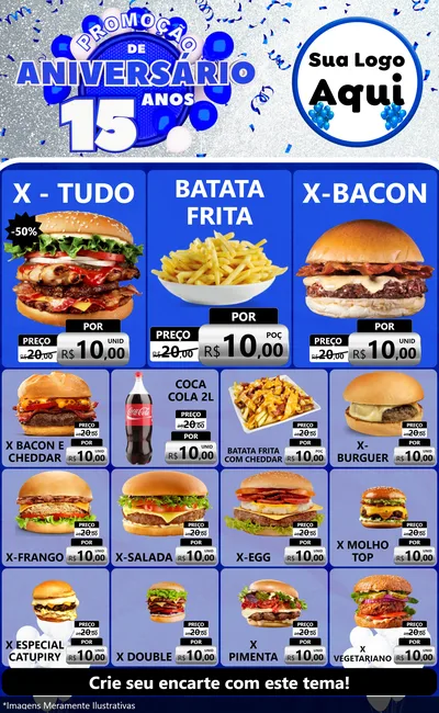 Modelo de Encarte para Encarte Grande com o tema Promoção de Aniversário - 15 Anos para Hamburgueria