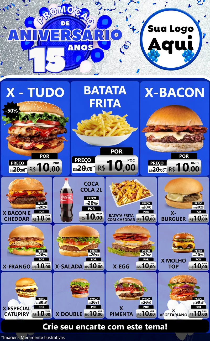Modelo de Encarte para Encarte Grande com o tema Promoção de Aniversário - 15 Anos para Hamburgueria