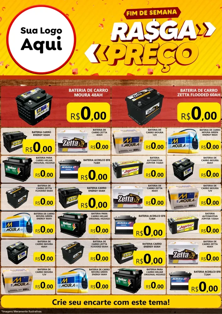 Modelo de Encarte para Encarte A4 Vertical com o tema Fim de Semana Rasga Preços para Baterias Elétricas