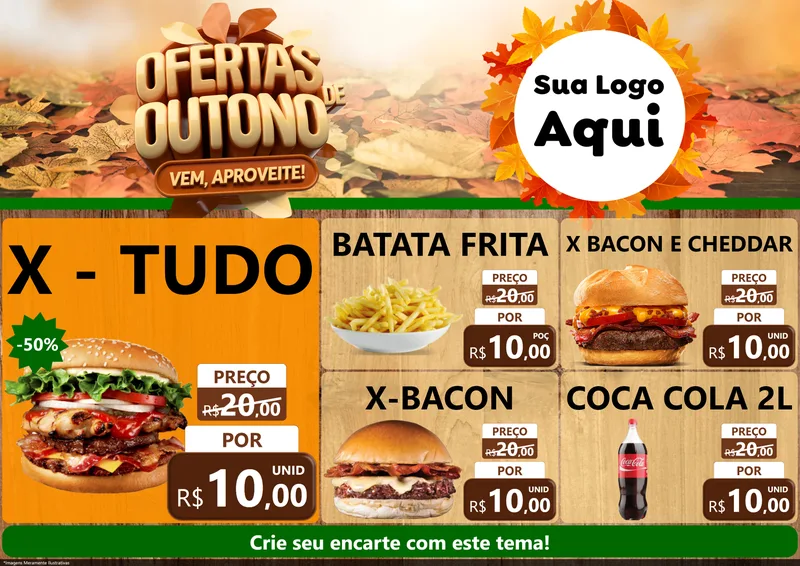 Modelo de Encarte para Encarte A4 Horizontal com o tema Ofertas de Outono - Vem, Aproveite! para Hamburgueria