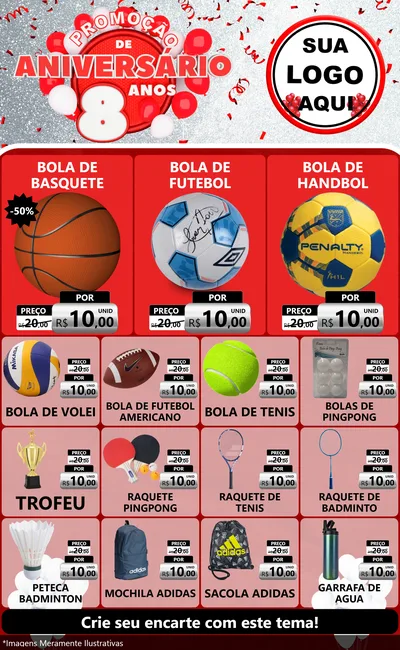 Modelo de Encarte para Encarte Grande com o tema Promoção de Aniversário - 8 Anos para Artigos Esportivos