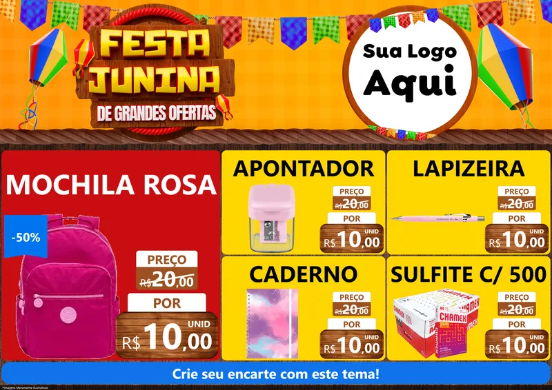 Modelo de Encarte para Encarte A4 Horizontal com o tema Festa Junina de Grandes Ofertas para Papelaria