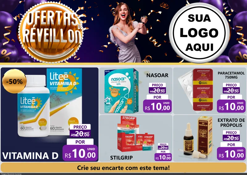 Modelo de Encarte para Encarte A4 Horizontal com o tema Ofertas de Réveillon para Farmácia