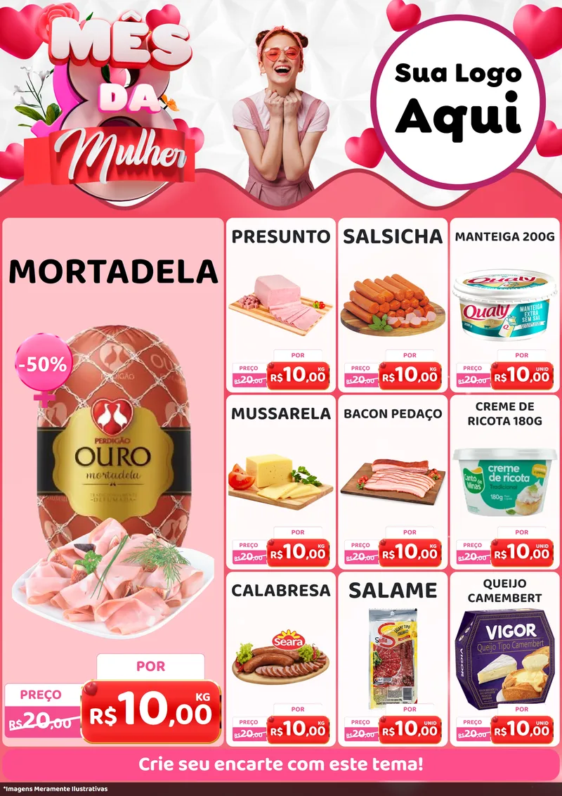 Modelo de Encarte para Encarte A4 Vertical com o tema Mês da Mulher para Frios e Laticínios