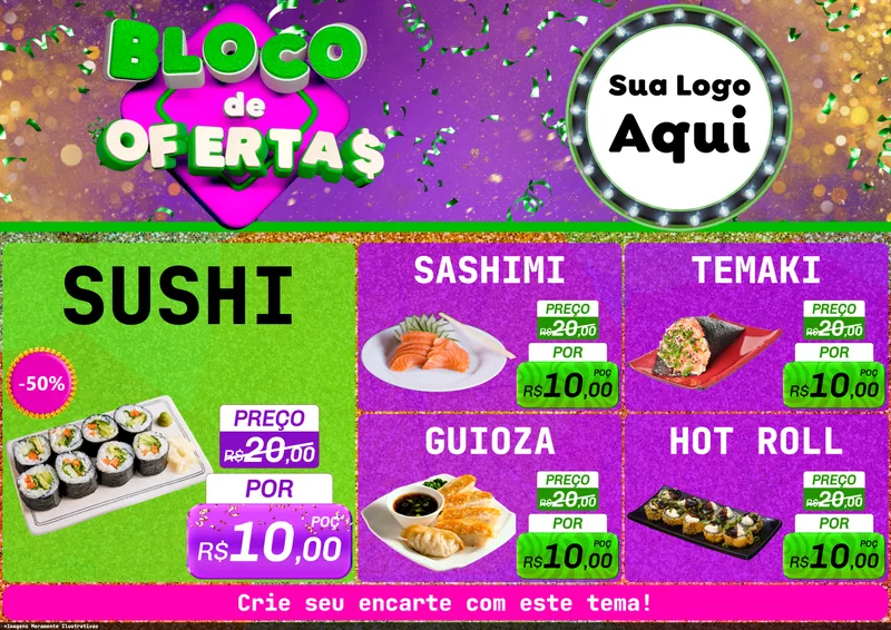 Modelo de Encarte para Encarte A4 Horizontal com o tema Bloco de Ofertas para Comida japonesa