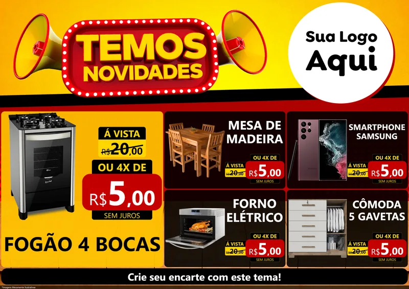 Modelo de Encarte para Encarte A4 Horizontal com o tema Temos Novidades para Móveis e Eletro