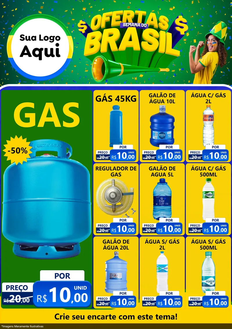 Modelo de Encarte para Encarte A4 Vertical com o tema Ofertas Semana do Brasil para Água e gás