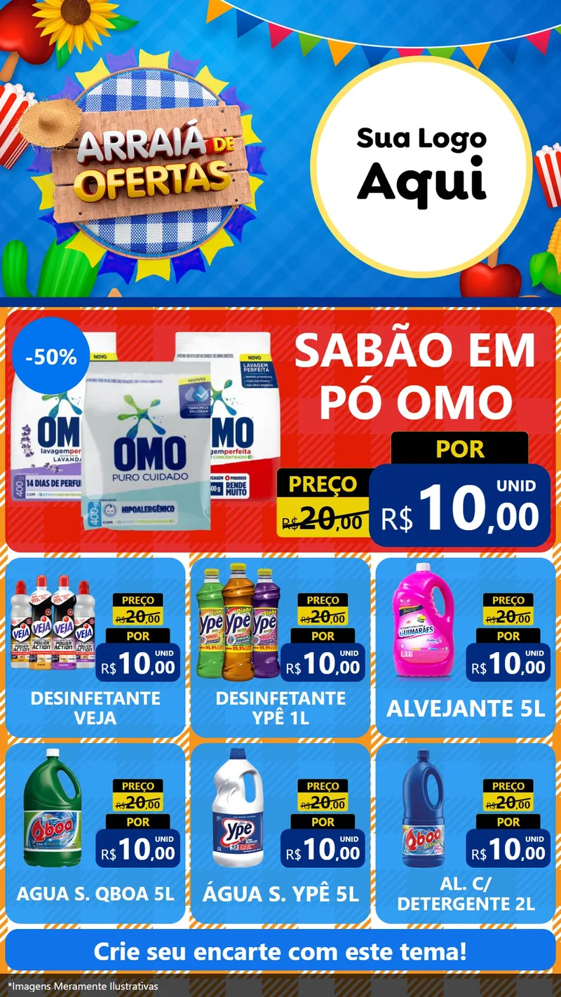 Modelo de Rede Social para Stories com o tema Arraiá de Ofertas para Produtos de Limpeza