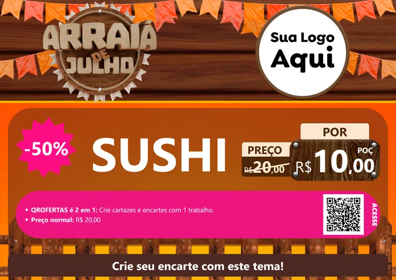 Modelo de Cartaz para Cartaz A4 Horizontal com o tema Arraiá de Julho - Junina para Comida japonesa