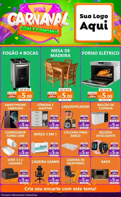 Modelo de Encarte para Encarte Grande com o tema Pré-Carnaval Com Economia para Móveis e Eletro